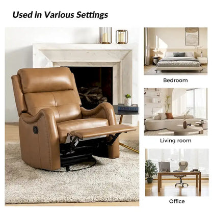 FrancoModern Genuine Leather Swivel Rocker Recliner with Nailhead Trims by HULALA HOME