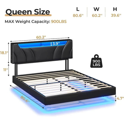 LED Floating Bed Frame Hidden Storage Headboard Type-C & USB