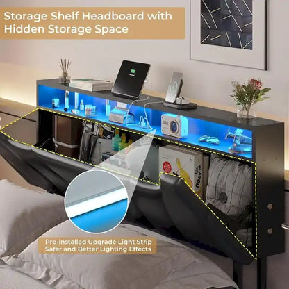 LED Floating Bed Frame Hidden Storage Headboard Type-C & USB