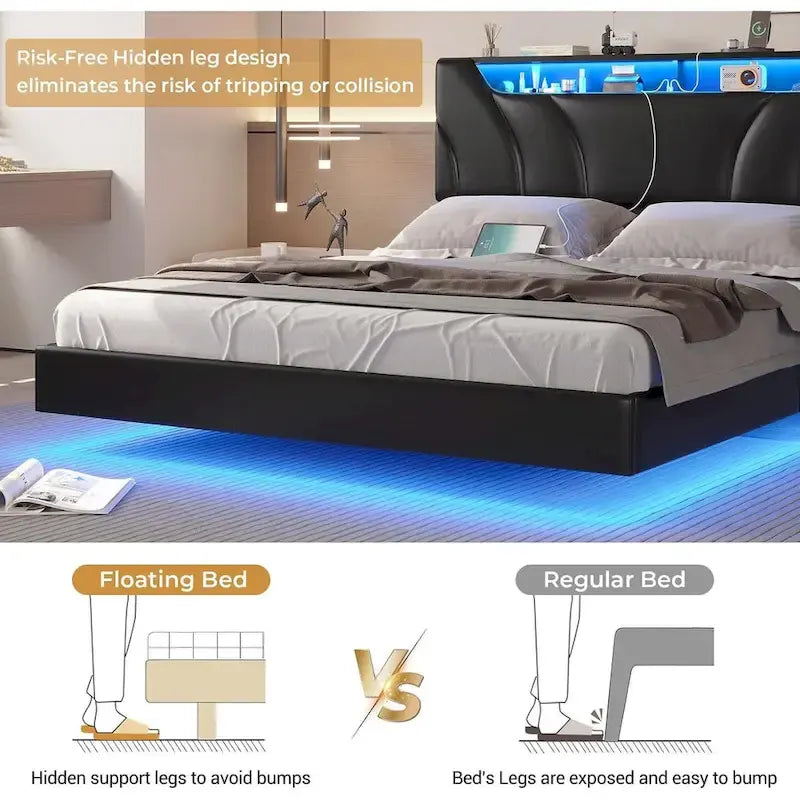 LED Floating Bed Frame Hidden Storage Headboard Type-C & USB