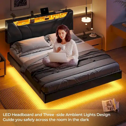 LED Floating Bed Frame Hidden Storage Headboard Type-C & USB