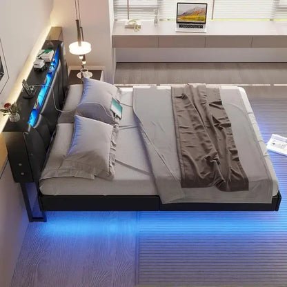 LED Floating Bed Frame Hidden Storage Headboard Type-C & USB
