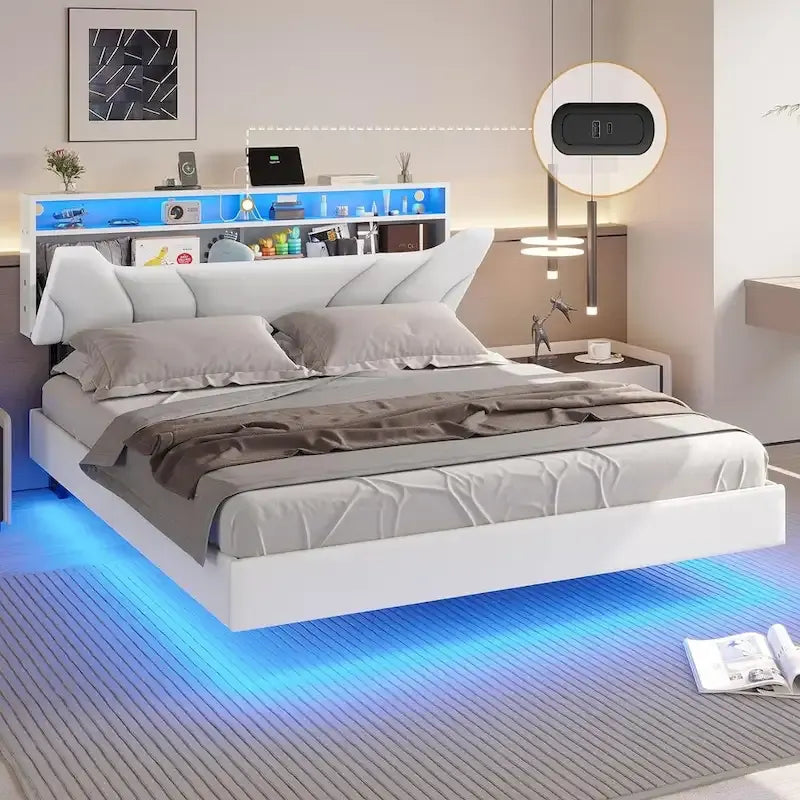 LED Floating Bed Frame Hidden Storage Headboard Type-C & USB