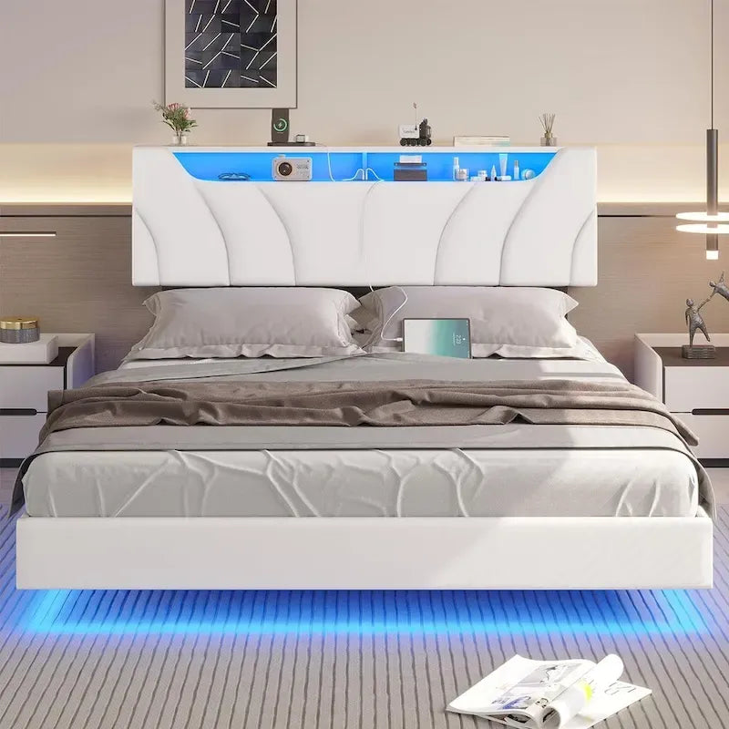 LED Floating Bed Frame Hidden Storage Headboard Type-C & USB