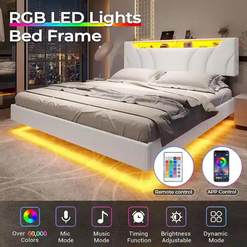 LED Floating Bed Frame Hidden Storage Headboard Type-C & USB