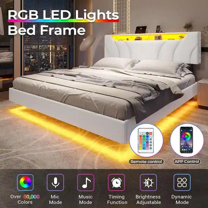LED Floating Bed Frame Hidden Storage Headboard Type-C & USB
