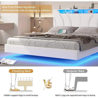 LED Floating Bed Frame Hidden Storage Headboard Type-C & USB