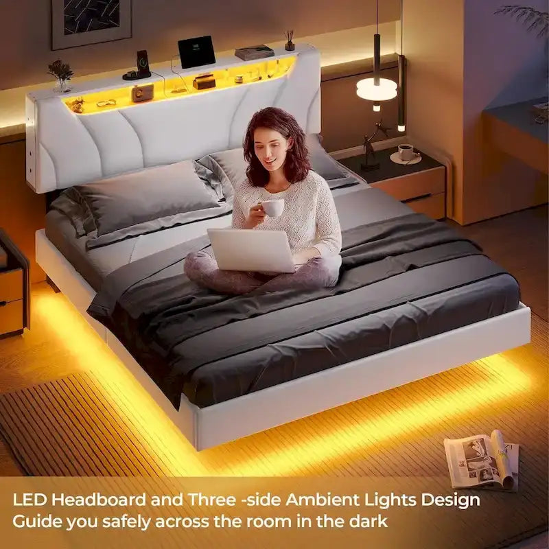 LED Floating Bed Frame Hidden Storage Headboard Type-C & USB