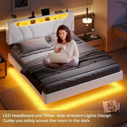 LED Floating Bed Frame Hidden Storage Headboard Type-C & USB