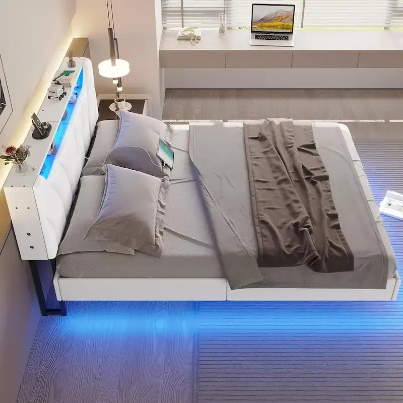 LED Floating Bed Frame Hidden Storage Headboard Type-C & USB