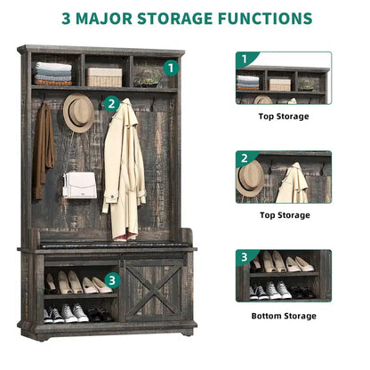 Moasis Hall Tree with Shoe Bench, Coat Rack Organizer for Entryway Hallway