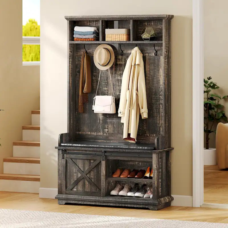 Moasis Hall Tree with Shoe Bench, Coat Rack Organizer for Entryway Hallway