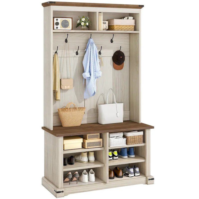 Moasis Hall Tree with Shoe Bench, Coat Rack Organizer for Entryway Hallway