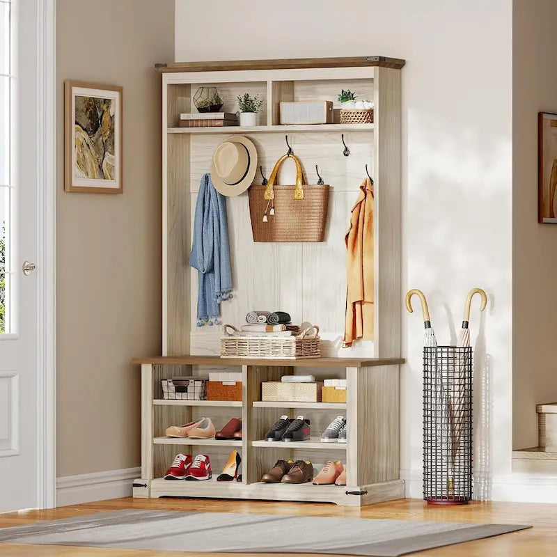 Moasis Hall Tree with Shoe Bench, Coat Rack Organizer for Entryway Hallway