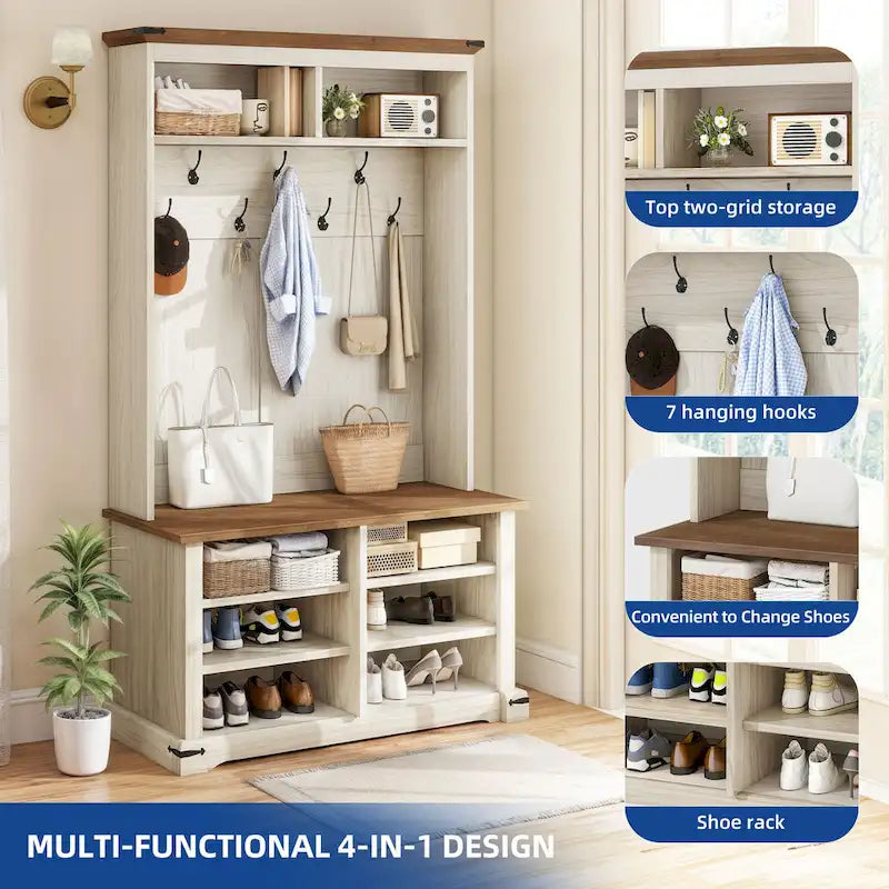 Moasis Hall Tree with Shoe Bench, Coat Rack Organizer for Entryway Hallway