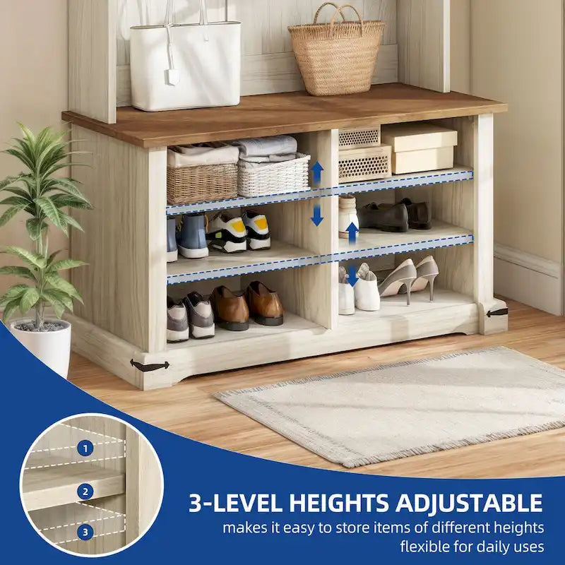 Moasis Hall Tree with Shoe Bench, Coat Rack Organizer for Entryway Hallway