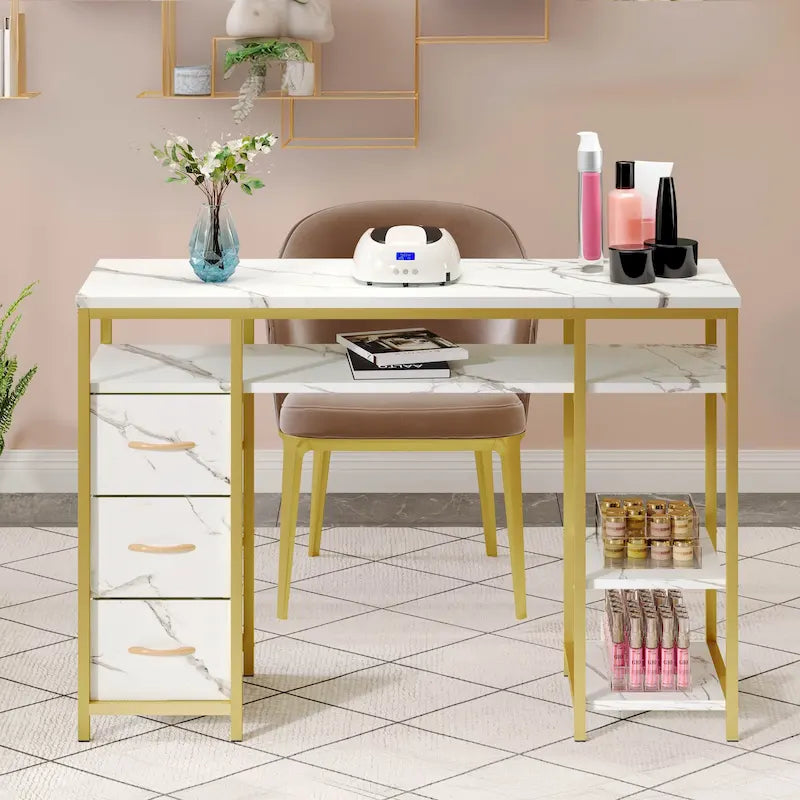 Moasis Makeup Vanity Table Computer Desk with 3 Fabric Drawers,Nail Art Desk Workstation
