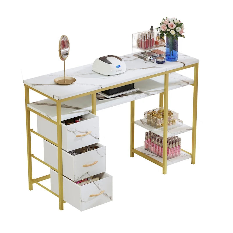 Moasis Makeup Vanity Table Computer Desk with 3 Fabric Drawers,Nail Art Desk Workstation