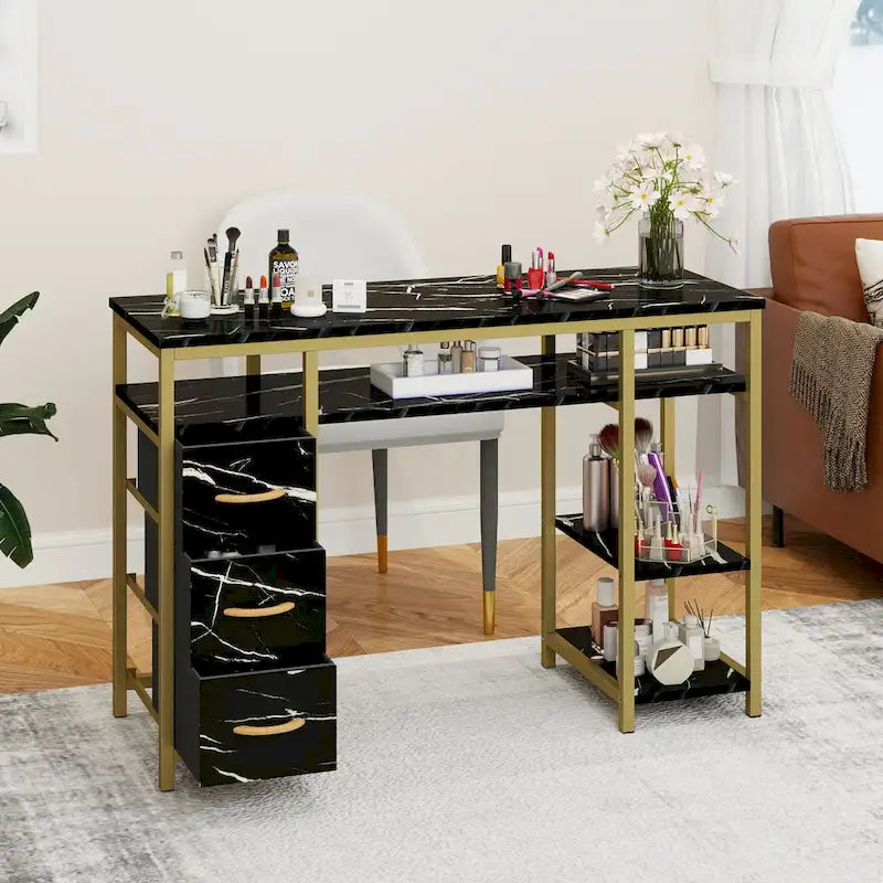 Moasis Makeup Vanity Table Computer Desk with 3 Fabric Drawers,Nail Art Desk Workstation
