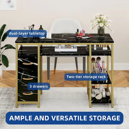 Moasis Makeup Vanity Table Computer Desk with 3 Fabric Drawers,Nail Art Desk Workstation