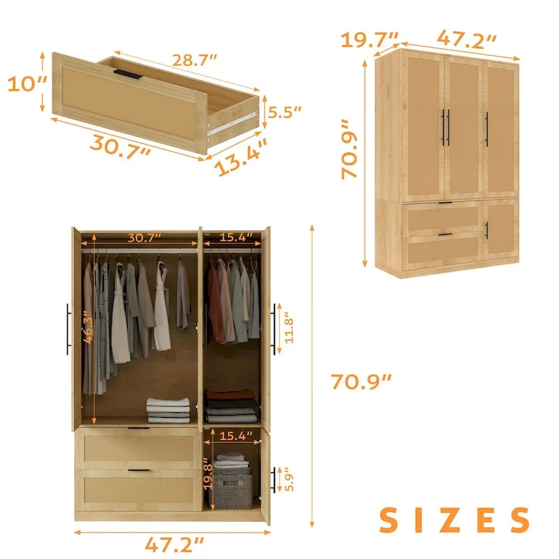 47W Family 4-Door Wardrobe Armoires Closet 2 Drawer Storage Rattan Style - N/A