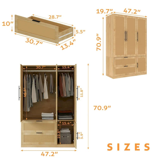 47W Family 4-Door Wardrobe Armoires Closet 2 Drawer Storage Rattan Style - N/A