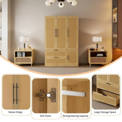 47W Family 4-Door Wardrobe Armoires Closet 2 Drawer Storage Rattan Style - N/A