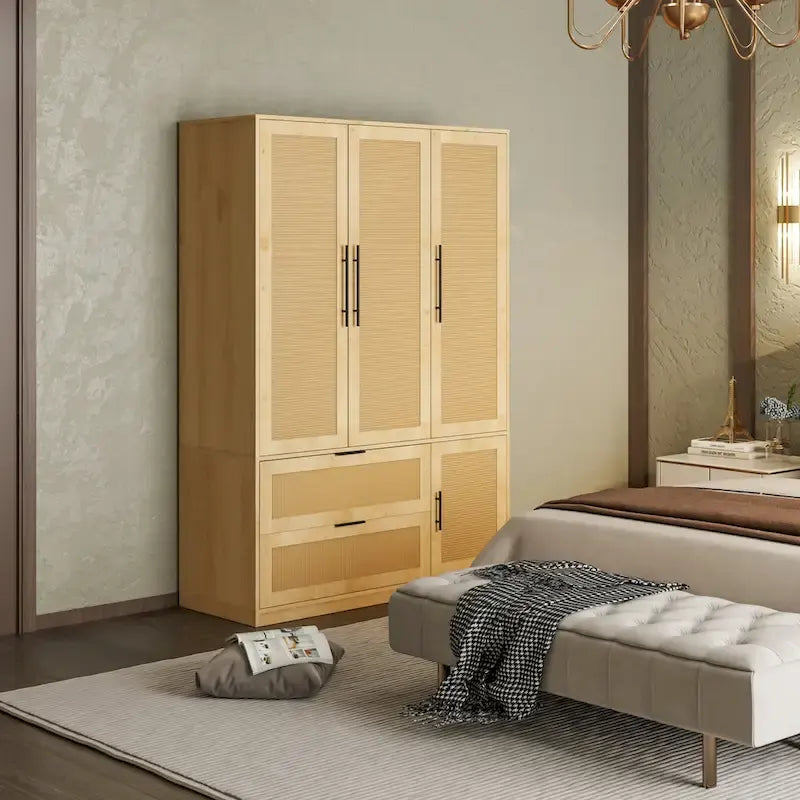 47W Family 4-Door Wardrobe Armoires Closet 2 Drawer Storage Rattan Style - N/A