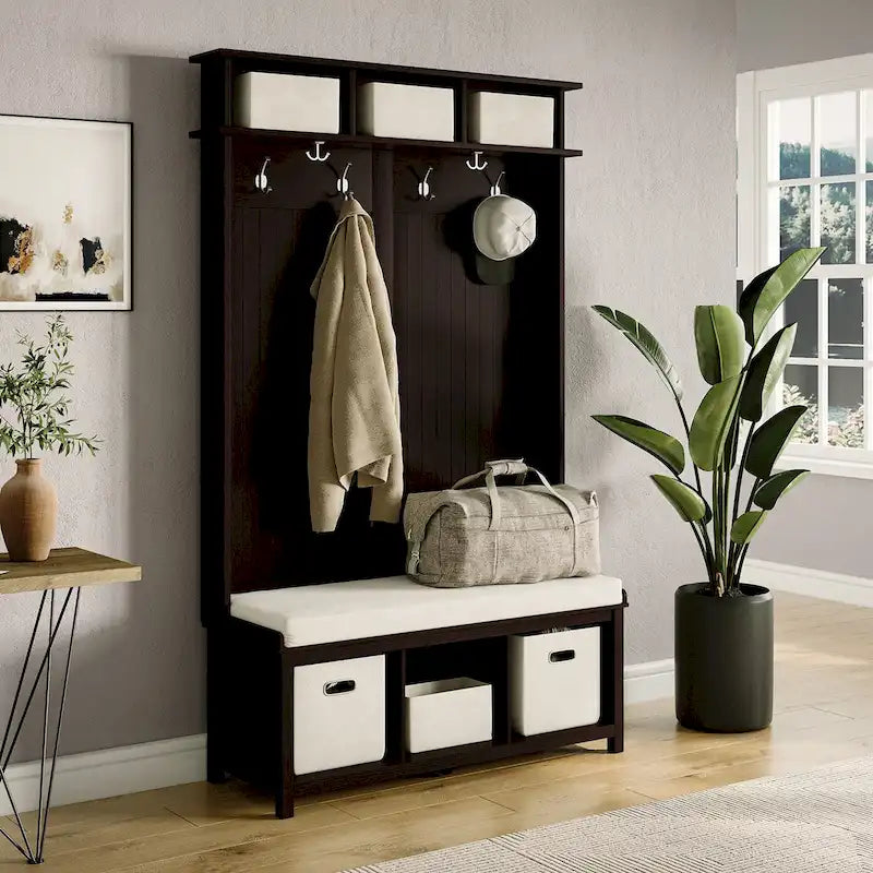 John Louis Home Solid Wood Hall Tree with Shoe and 2 Bin Storage