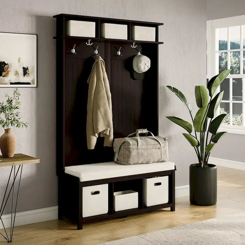 John Louis Home Solid Wood Hall Tree with Shoe and 2 Bin Storage
