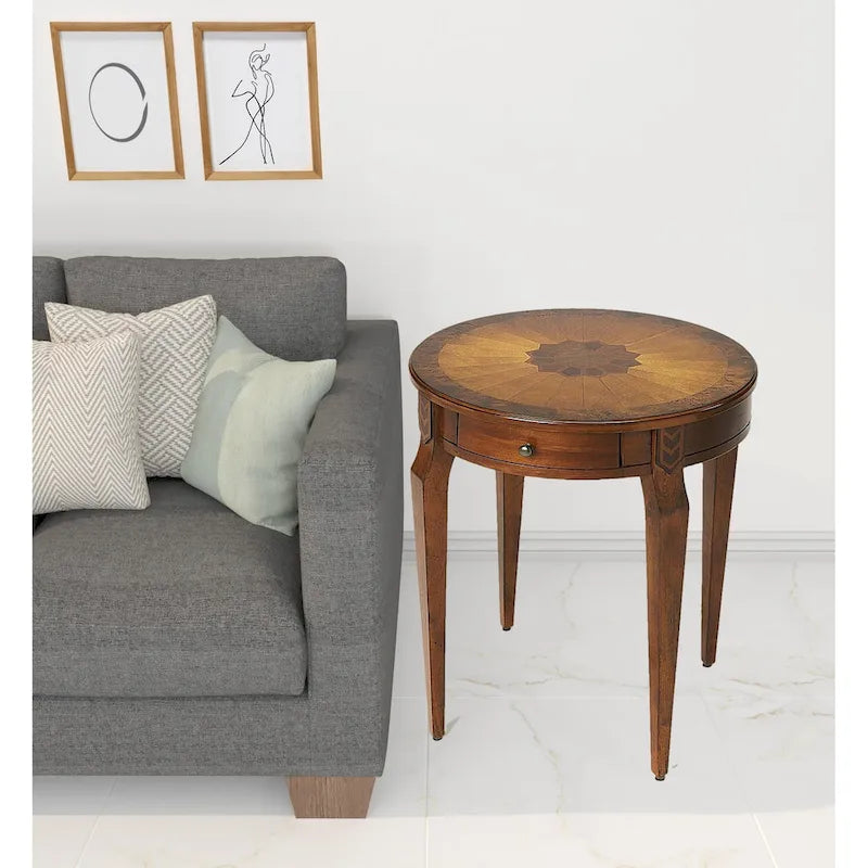 HomeRoots 24 Medium Brown And Olive Ash Manufactured Wood Round End Table With Drawer - 20