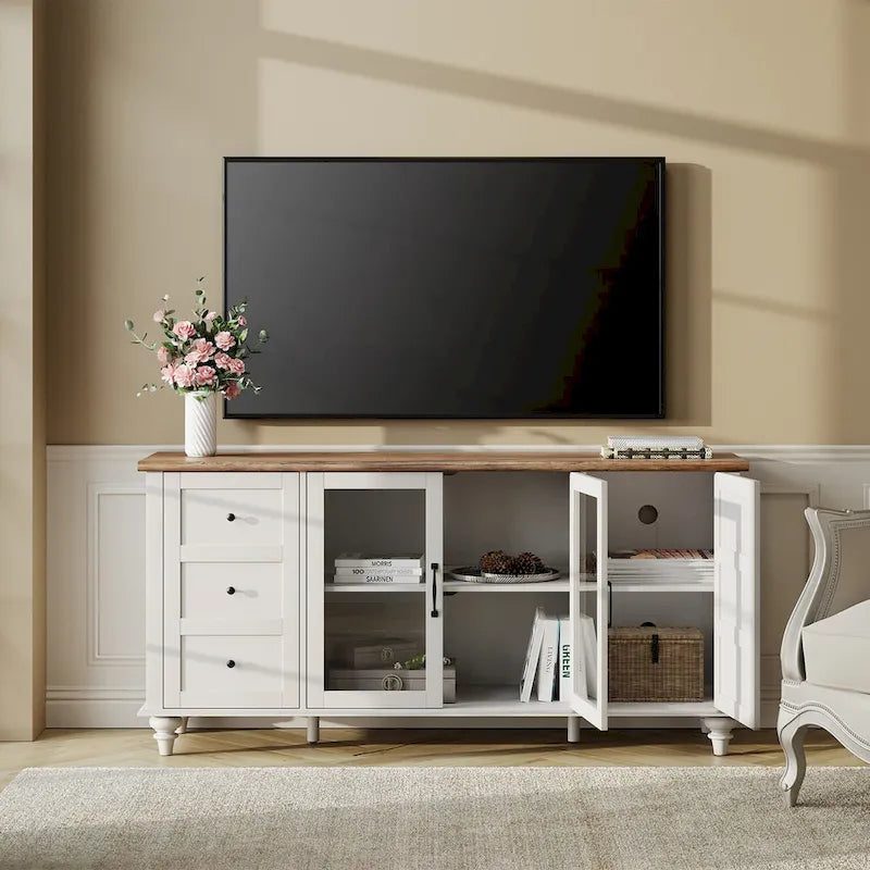 WAMPAT Farmhouse TV Stand with Storage Cabinet, Glass and Wood Entertainment Center Console Table