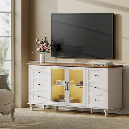 WAMPAT Farmhouse TV Stand with Storage Cabinet, Glass and Wood Entertainment Center Console Table