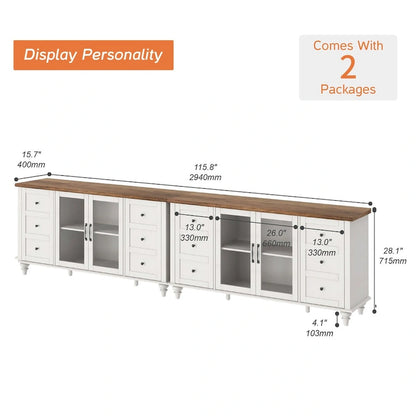 WAMPAT Farmhouse TV Stand with Storage Cabinet, Glass and Wood Entertainment Center Console Table