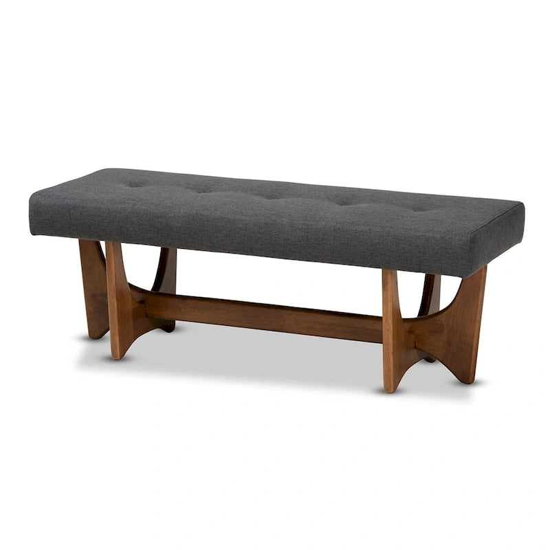 Theo Mid-Century Modern Fabric Upholstered Walnut Finished Bench - 17.9 High x 48.8 Wide x 18.3 Deep