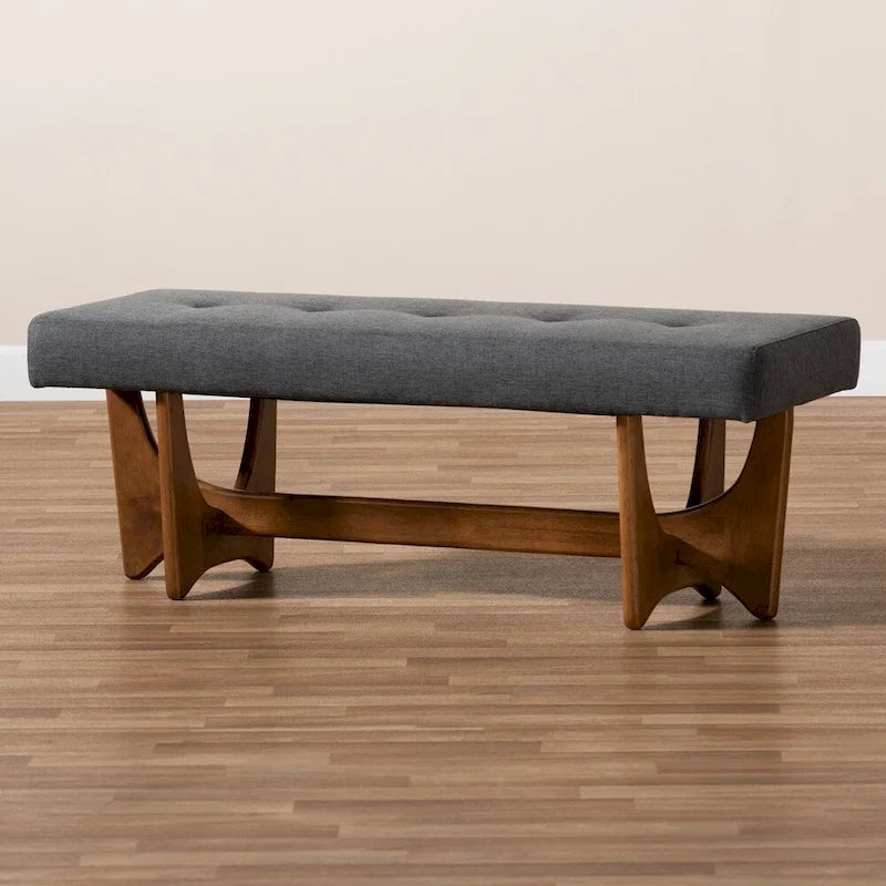 Theo Mid-Century Modern Fabric Upholstered Walnut Finished Bench - 17.9 High x 48.8 Wide x 18.3 Deep