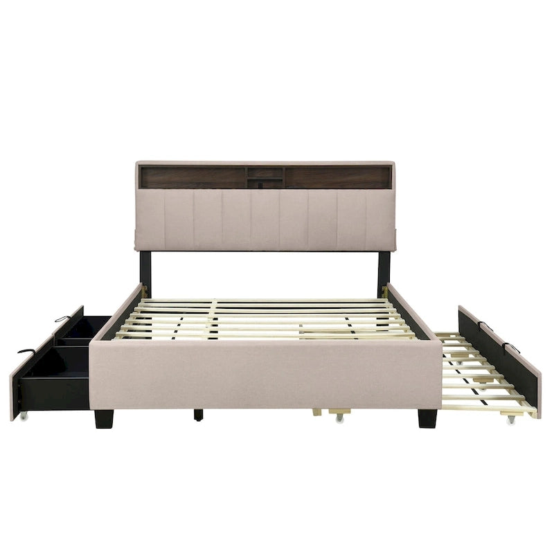Queen size Upholstered Platform Bed with Twin XL Size Trundle