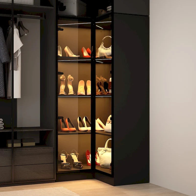 Black Glass Door Wardrobe Set with Lighting Strips, Storage Cabinet