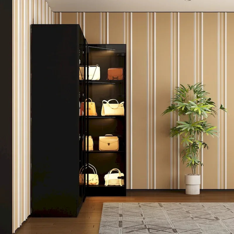Black Glass Door Wardrobe Set with Lighting Strips, Storage Cabinet