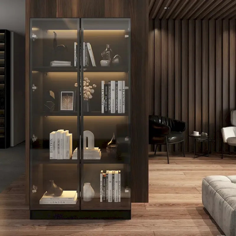 Black Glass Door Wardrobe Set with Lighting Strips, Storage Cabinet