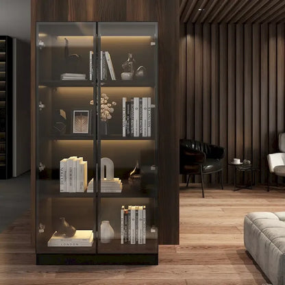 Black Glass Door Wardrobe Set with Lighting Strips, Storage Cabinet