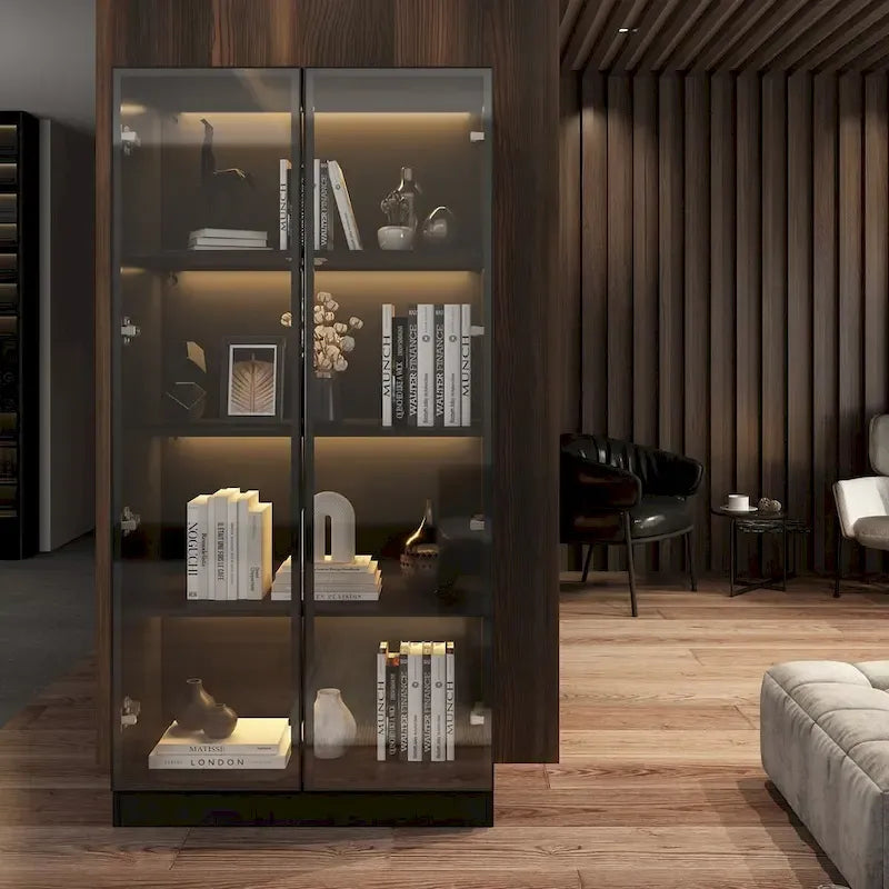 Black Glass Door Wardrobe Set with Lighting Strips, Storage Cabinet