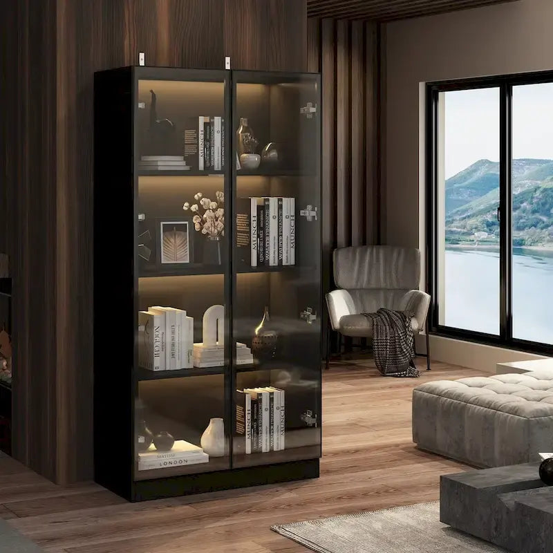 Black Glass Door Wardrobe Set with Lighting Strips, Storage Cabinet