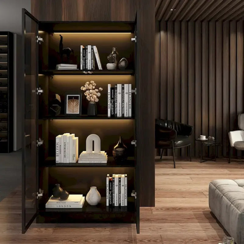 Black Glass Door Wardrobe Set with Lighting Strips, Storage Cabinet