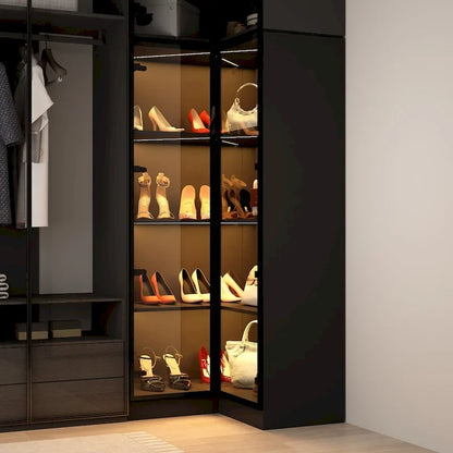 Black Glass Door Wardrobe Set with Lighting Strips, Storage Cabinet