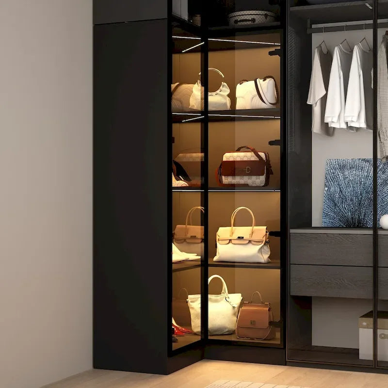 Black Glass Door Wardrobe Set with Lighting Strips, Storage Cabinet