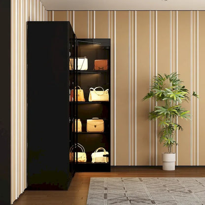 Black Glass Door Wardrobe Set with Lighting Strips, Storage Cabinet