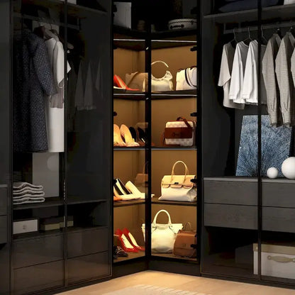 Black Glass Door Wardrobe Set with Lighting Strips, Storage Cabinet