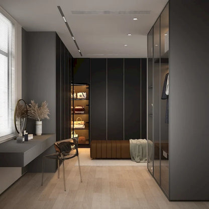 Black Glass Door Wardrobe Set with Lighting Strips, Storage Cabinet