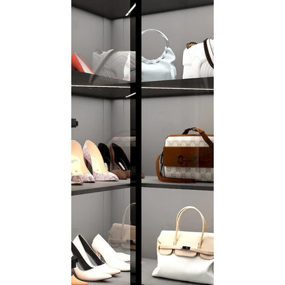 Black Glass Door Wardrobe Set with Lighting Strips, Storage Cabinet